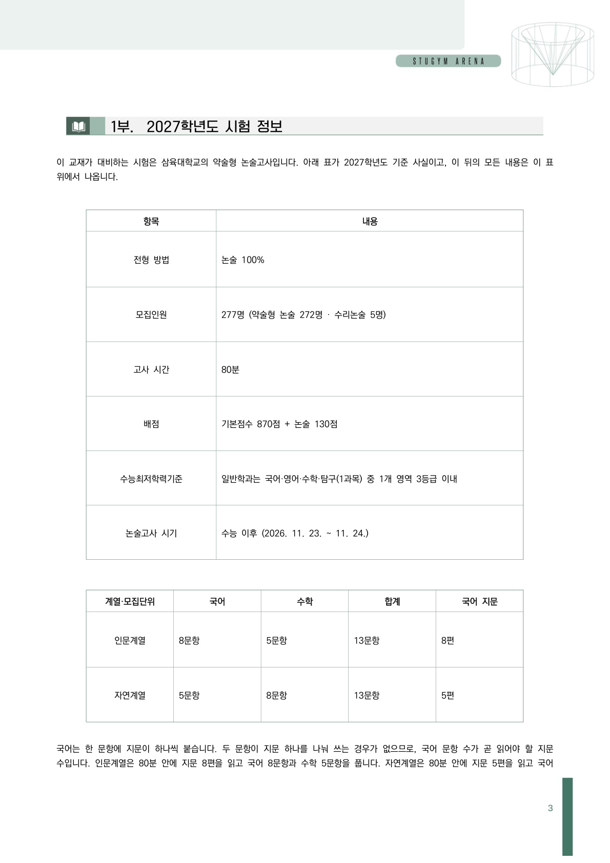 삼육대 2027학년도 시험 정보